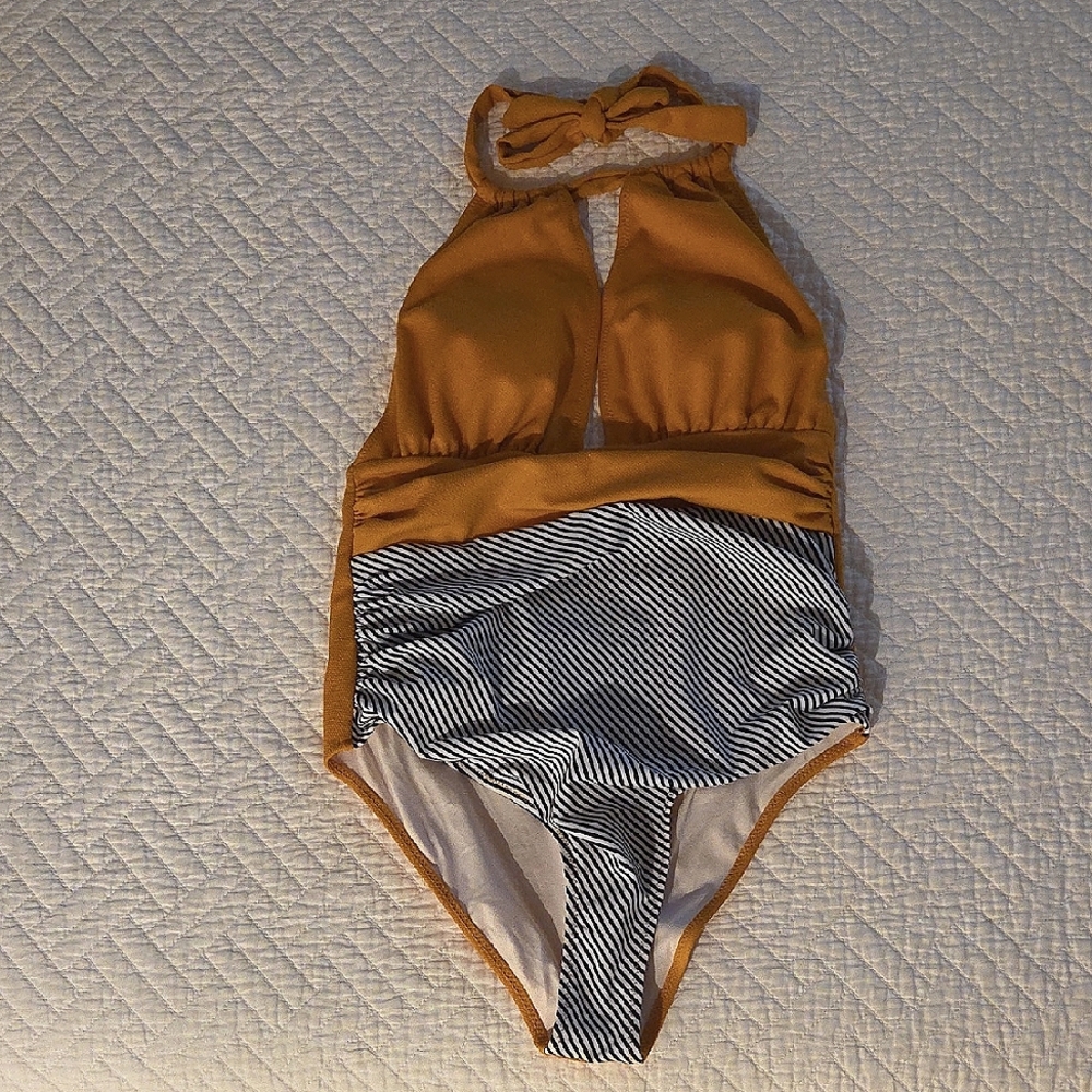 Women One-Piece Swimsuit - Mustard and Black/White Stripes